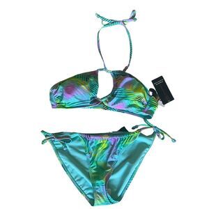 Bikini 2 Pc Swimsuit Jr L 11-13 Side-Ties w/ Beads Teal Multicolor No Boundaries